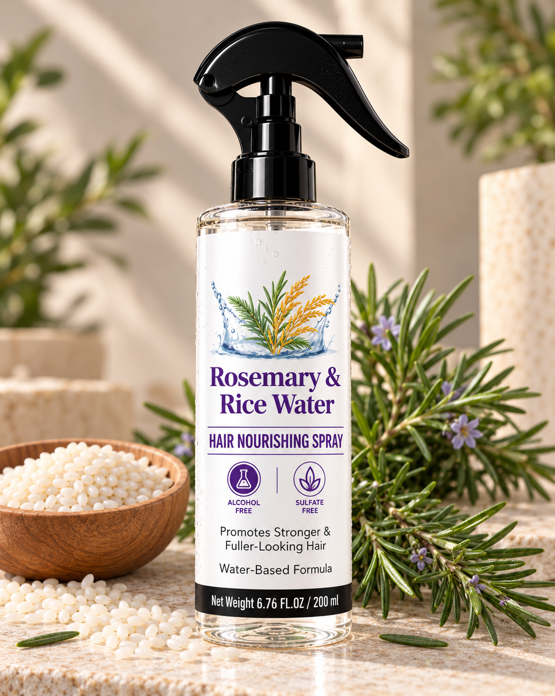 Rosemary and rice botanical hair-care visual